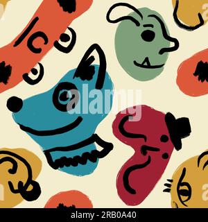 Motivo senza cuciture disegnato a mano con simpatici mostri arancione, blu e rosso su sfondo beige. Simpatiche e divertenti creature di halloween con occhi e orecchie, divertenti cartoni animati vintage per bambini con stampa aliena Foto Stock