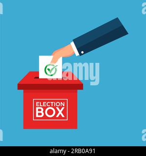 Mano di voto nella casella elettorale su sfondo blu. Giorno delle elezioni, votate per la democrazia. Utile per la progettazione di siti Web, banner, supporti di stampa e applicazioni mobili. Foto Stock