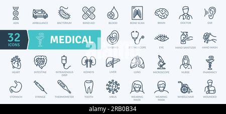 Pacchetto icone sanitarie e mediche. Set sanitario sottile. Icona piatta per uso medico Illustrazione Vettoriale