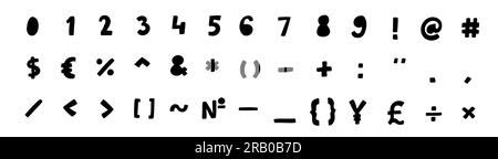 Scribble nero speciale matematico e altri simboli e segni font da 0 a 9. Illustrazione vettoriale in stile doodle disegnato a mano isolato su bianco Illustrazione Vettoriale