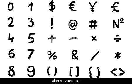 Scribble nero speciale matematico e altri simboli e segni font 0 a 9. Illustrazione vettoriale in stile doodle disegnato a mano isolato su sfondo bianco Illustrazione Vettoriale