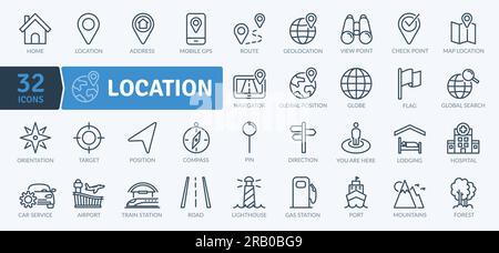 Pacchetto icone di supporto per posizione e viaggio. Set di icone a linea sottile. Semplici icone vettoriali Illustrazione Vettoriale
