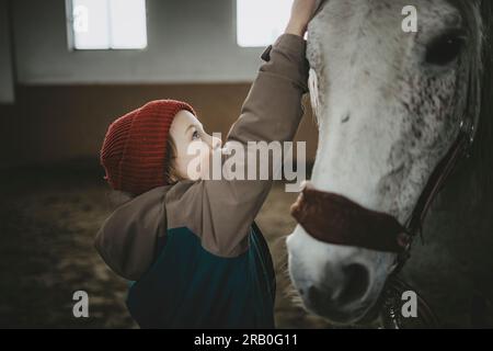 Ragazzo con cavallo nel centro di equitazione Foto Stock