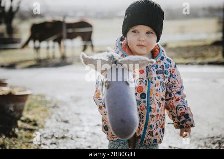 Bambina che cavalca con il suo cavallo da hobby Foto Stock