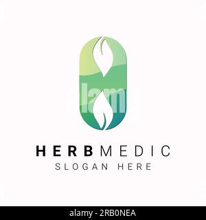 Logotipo omeopatia pillole verdi naturali con logo Herb Medicine Illustrazione Vettoriale