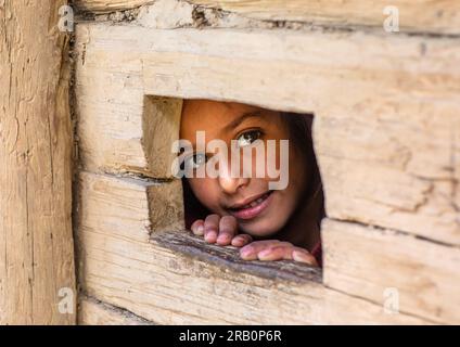 Gujjar Bakerwal ragazza che guarda attraverso un buco in una casa, Jammu e Kashmir, Kangan, India Foto Stock