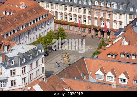 Germania, Baden-Wuerttemberg, Heidelberg, vista dal castello al Kornmarkt. Foto Stock