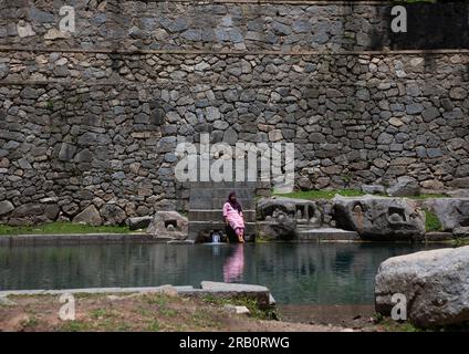 Turisti indiani nel bacino del Tempio Naranag, Jammu e Kashmir, Kangan, India Foto Stock