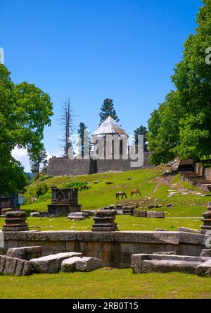 Rovine del Tempio Naranag sull'antico sito di pellegrinaggio indù, Jammu e Kashmir, Kangan, India Foto Stock