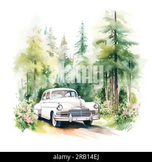 Matrimonio in auto bianca d'epoca in un matrimonio nella foresta. Illustrazione ad acquerello isolata su sfondo bianco, clipart per invito di matrimonio o biglietto d'auguri. Foto Stock