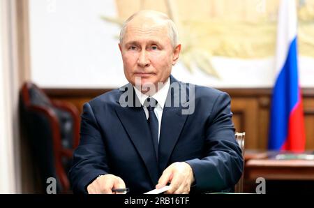 Vladimir PUTIN (Presidente della Russia) durante un viaggio in Daghestan il 4 luglio 2023. Foto: Il Cremlino Mosca via Foto Stock