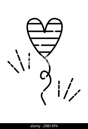 Palloncino ad aria a forma di cuore, icona con linea nera vettoriale Illustrazione Vettoriale