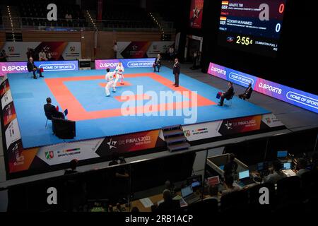 Panoramica dell'area di combattimento, caratteristiche, motivi dei bordi, foto simbolica, karate, kata per uomini il 6 luglio 2023 a Duesseldorf/ Germania. La finale 2023 Reno-Ruhr dal 06,07 al 09.07.2023 Foto Stock