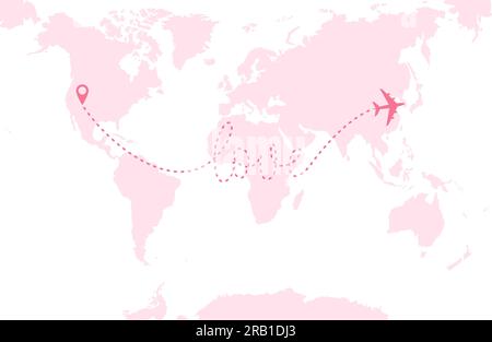 Un aereo rosa che vola su una mappa rosa del mondo. Linea tratteggiata sotto forma di parola "amore". Illustrazione vettoriale Illustrazione Vettoriale