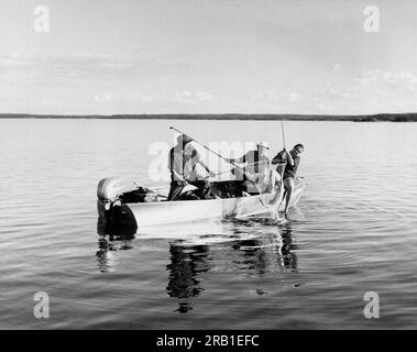 La Ronge, Saskatchewan, Canada: circa 1960 pescatori che sbarcano una grande trota di lago sul Lac la Ronge in Canada. Foto Stock