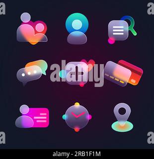 Set realistico di icone dell'interfaccia utente del glassmorfismo per siti Web o app mobili. Posizione vettoriale, chat, contatti, social media, carta di credito e orologio morfismo elementi di design trasparenti su sfondo nero. Illustrazione Vettoriale