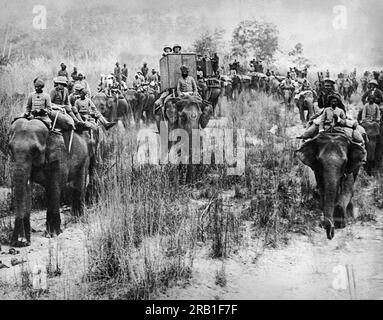 Nepal: 29 gennaio 1922 il Principe di Galles (a sinistra) si arroccò sulla cima di un elefante e condusse una spedizione di caccia alla tigre durante il suo viaggio reale in India. Foto Stock