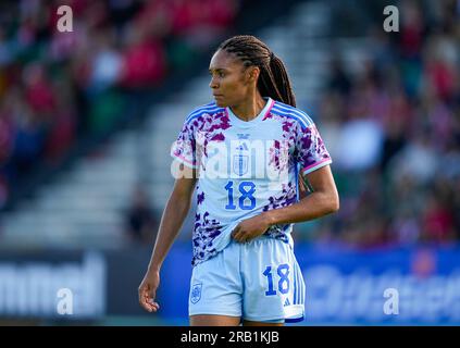 Gladsaxe Stadium, Copenhagen, Danimarca. 5 luglio 2023. Salma Paralluelo (Spagna) guarda durante una partita amichevole UEFA femminile, Danimarca contro Spagna, al Gladsaxe Stadium di Copenaghen, Danimarca. Kim Price/CSM/Alamy Live News Foto Stock