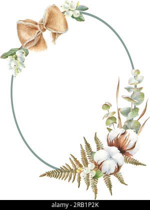 Corona d'acquerello con cotone, eucalipto, frutti di bosco e felce isolate su sfondo bianco. Perfetto per biglietti d'auguri, copertine, stampe Foto Stock