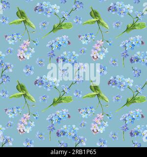 Motivo ad acquerello senza cuciture con Forget me Not, illustrazione botanica. Perfetto per biglietti di auguri, copertine, stampe, motivi Foto Stock