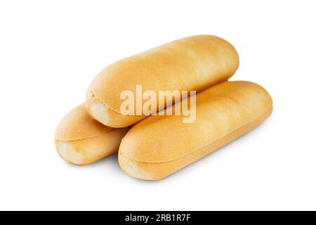 Tre panini di grano hot dog isolati su sfondo bianco. Ingrediente da cucina per hot dog, cucina americana. Fast food, Street food, salsiccia, Take aw Foto Stock