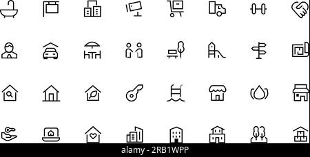 Set di icone Web della linea immobiliare. Incluse le icone di immobili, immobili, mutui ipotecari, mutui per la casa. Raccolta di icone di contorno. Semplice illustrazione vettoriale. Illustrazione Vettoriale