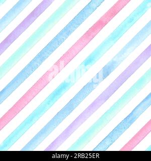 Strisce diagonali ad acquerello su sfondo bianco. Motivo a righe multicolore senza cuciture. Texture a strisce disegnate a mano acquerello. Stampa per la progettazione di tessuti, Foto Stock