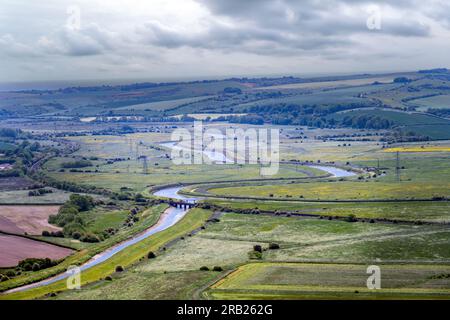 Vista del fiume Ouse dalla riserva naturale Malling Down, East Sussex, Inghilterra Foto Stock