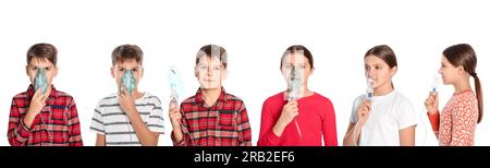 Terapia inalatoria. Collage con foto di bambini che utilizzano nebulizzatori su sfondo bianco Foto Stock