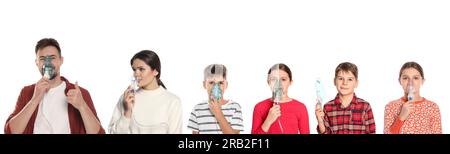 Terapia inalatoria. Collage con foto di persone che utilizzano nebulizzatori su sfondo bianco Foto Stock