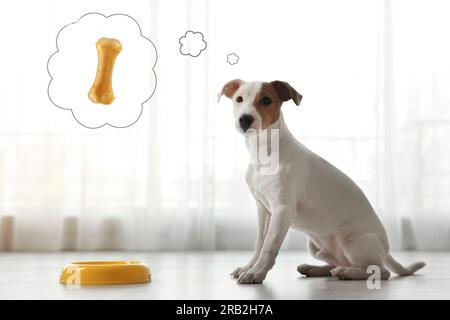 Il grazioso Jack Russell Terrier vicino al recipiente per la pappa, sogna di deliziose delizie in casa. Nuvola di pensiero con osso da masticare Foto Stock