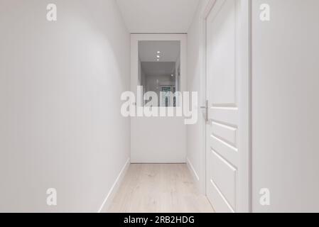 Corridoio di una casa con pareti lisce dipinte di bianco, porte laccate bianche con finestre in vetro e pavimenti in legno chiaro Foto Stock