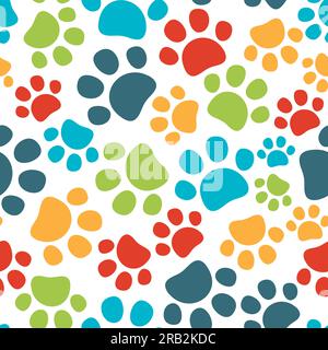 Zampe colorate per animali motivo senza cuciture. Impronta di gatto o cane su sfondo bianco. Illustrazione vettoriale. Illustrazione Vettoriale
