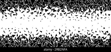 Detriti e frantumazioni sul bordo ripetuto orizzontale. Pezzi triangolari neri rotti, macchie, macchie, particelle, brividi. Esplosione astratta e disintegrazione dello sfondo testurizzato. Illustrazione vettoriale Illustrazione Vettoriale