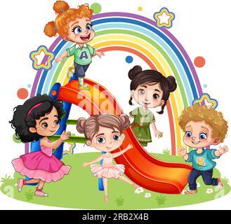 Bambini con diverse gare di gioco al parco giochi illustrazione slide Illustrazione Vettoriale