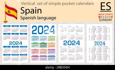 Serie verticale spagnola di calendario tascabile per il 2024 (duemilaventiquattro). La settimana inizia domenica. Anno nuovo. Design semplice a colori. Vettore Illustrazione Vettoriale