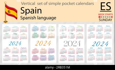 Serie verticale spagnola di calendario tascabile per il 2024 (duemilaventiquattro). La settimana inizia domenica. Anno nuovo. Design semplice a colori. Vettore Illustrazione Vettoriale