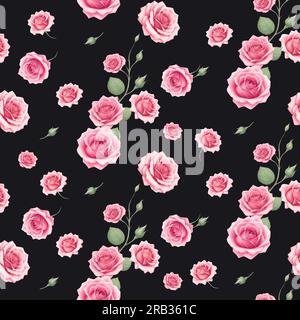 Motivo rosa senza cuciture con fiori di rosa e morbidi boccioli su sfondo nero Foto Stock