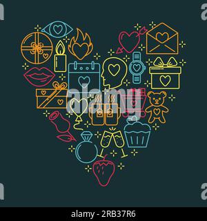 Banner di San Valentino con icone d'amore in stile linea. Romantico modello poster. Illustrazione vettoriale. Illustrazione Vettoriale