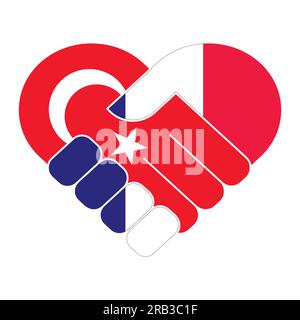 Simbolo di stretta di mano nei colori delle bandiere nazionali di Francia e Turchia, che forma un cuore. Illustrazione Vettoriale
