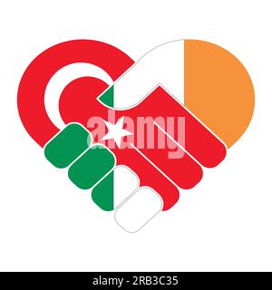 Simbolo di stretta di mano nei colori delle bandiere nazionali di Irlanda e Turchia, che forma un cuore. Illustrazione Vettoriale