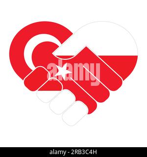 Simbolo di stretta di mano nei colori delle bandiere nazionali di Bielorussia e Turchia, che forma un cuore. Illustrazione Vettoriale