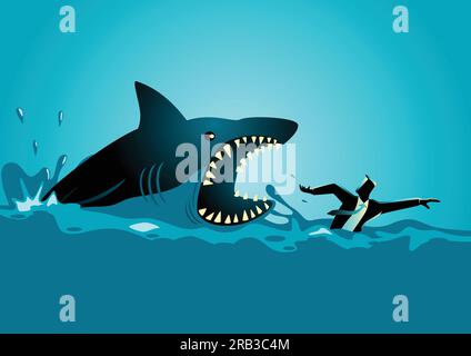 Business concetto illustrazione di un uomo d'affari nuoto panico evitando gli attacchi di squalo Illustrazione Vettoriale