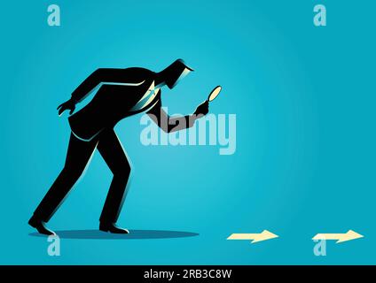 Illustrazione del concetto di business, uomo d'affari che utilizza una lente di ingrandimento alla ricerca di dettagli e indizi Illustrazione Vettoriale