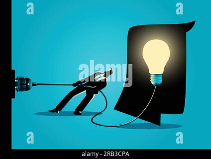 Business concetto illustrazione di un uomo d'affari cercando di scollegare la lampadina cervello, sabotaggio, uccisione concetto di creatività Illustrazione Vettoriale