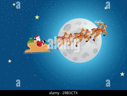 Illustrazione cartoon di Santa su slitta e la sua renna volare contro la luna piena Illustrazione Vettoriale