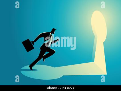 Illustrazione di concetto di affari di un uomo d'affari che corre verso un buco di chiave. Business, opportunità, opportunità, concetto di successo Illustrazione Vettoriale