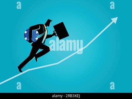 Illustrazione del concetto di business di un uomo d'affari che corre valigetta di trasporto e chip blu Illustrazione Vettoriale