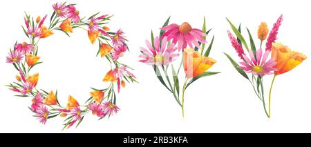 Bouquet di acquerelli con papaveri arancioni, fiori secchi, echinacea, fiori cosmici e corone di queste piante, illustrazioni isolate dipinte a mano Foto Stock