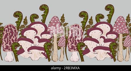 Bordo botanico senza cuciture. Funghi decorativi e rami in stile cartone animato su sfondo grigio. Foto Stock